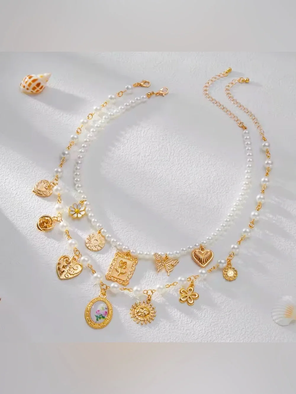 Gold and Pearl Layered Charm Necklace - Women Jewelry